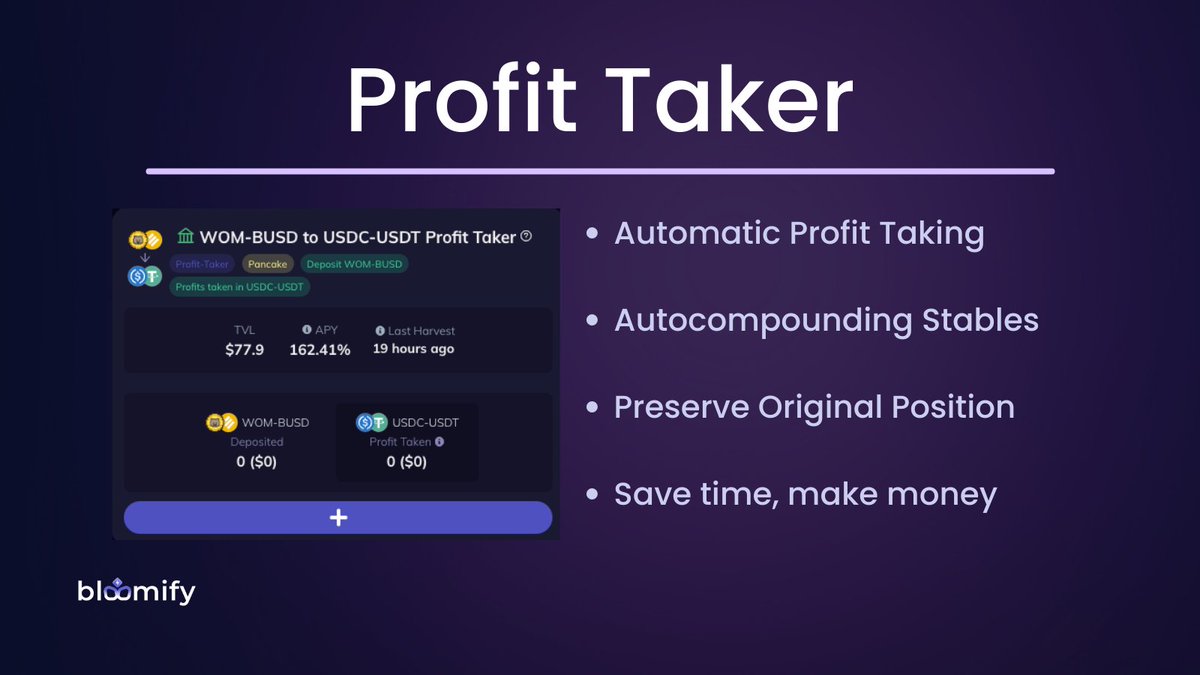 BloomifyApp's tweet image. Know you should take profit but never seem to have cash on hand? Automate it! Check out our Profit Takers and maintain your original position while ensuring you are truly realizing your gains 💰