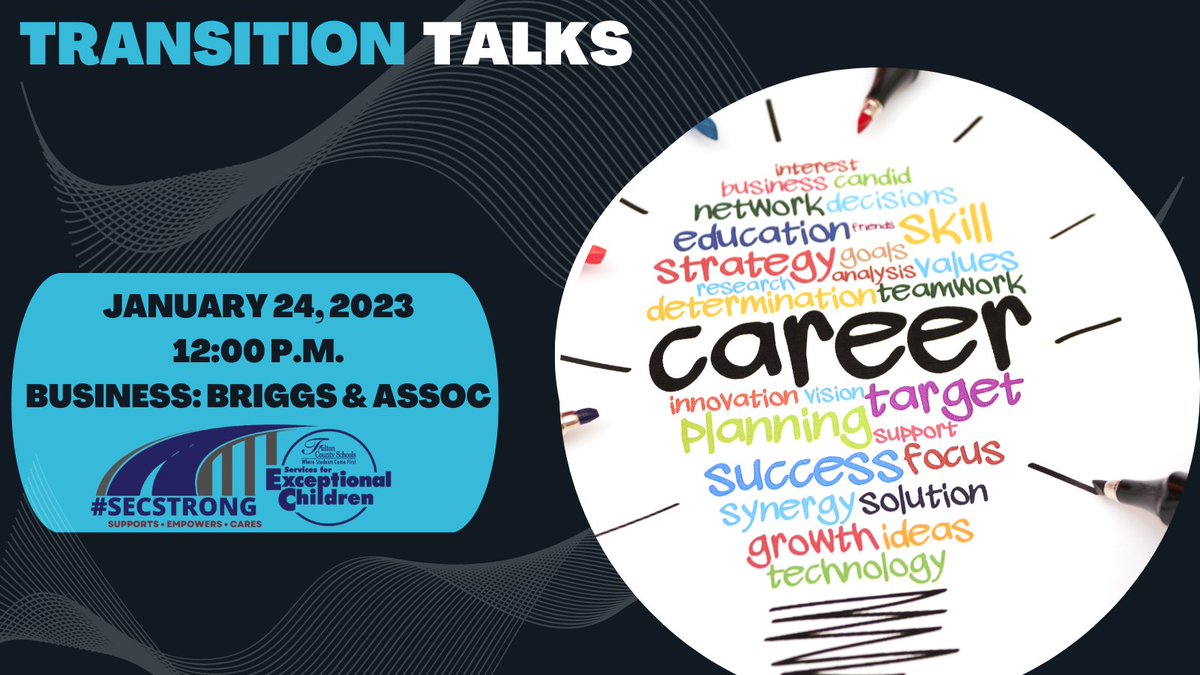 The Transition Services Team will host virtual informational sessions, Transition Talks! Learn more about supporting students with disabilities with career and life readiness!#SECSTRONG  @BlakeMcGahaFCS <a href="/SherryCP3/">Sherry Peterson</a> <a href="/JenniferDeber11/">Jennifer Deberry</a>  

Link for session: bit.ly/JanuaryTransit…