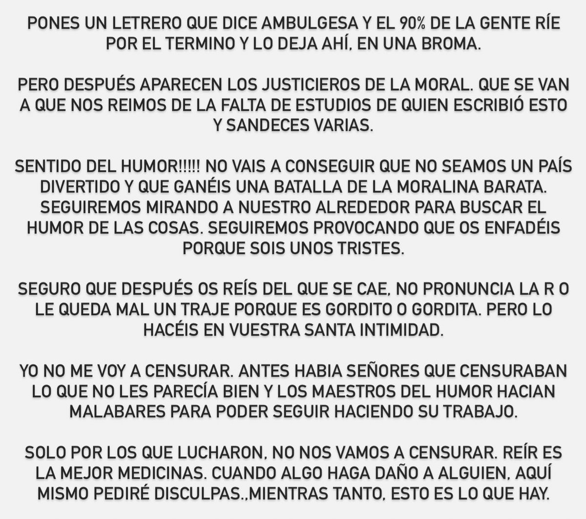 elmonaguillo's tweet photo. Es solo una forma de reclamar el derecho a seguir haciendo humor sin miedo. Una minoría quiere acabar con nuestra libertad. Nunca ofender pero si reír de lo cotidiano es incluso distorsionar la realidad para convertirlo en humor. Yo sigo adelante!!!! ❤️ AQUÍ DEJO MI SENTIR 👇🏼 https://t.co/VomxoDa51P