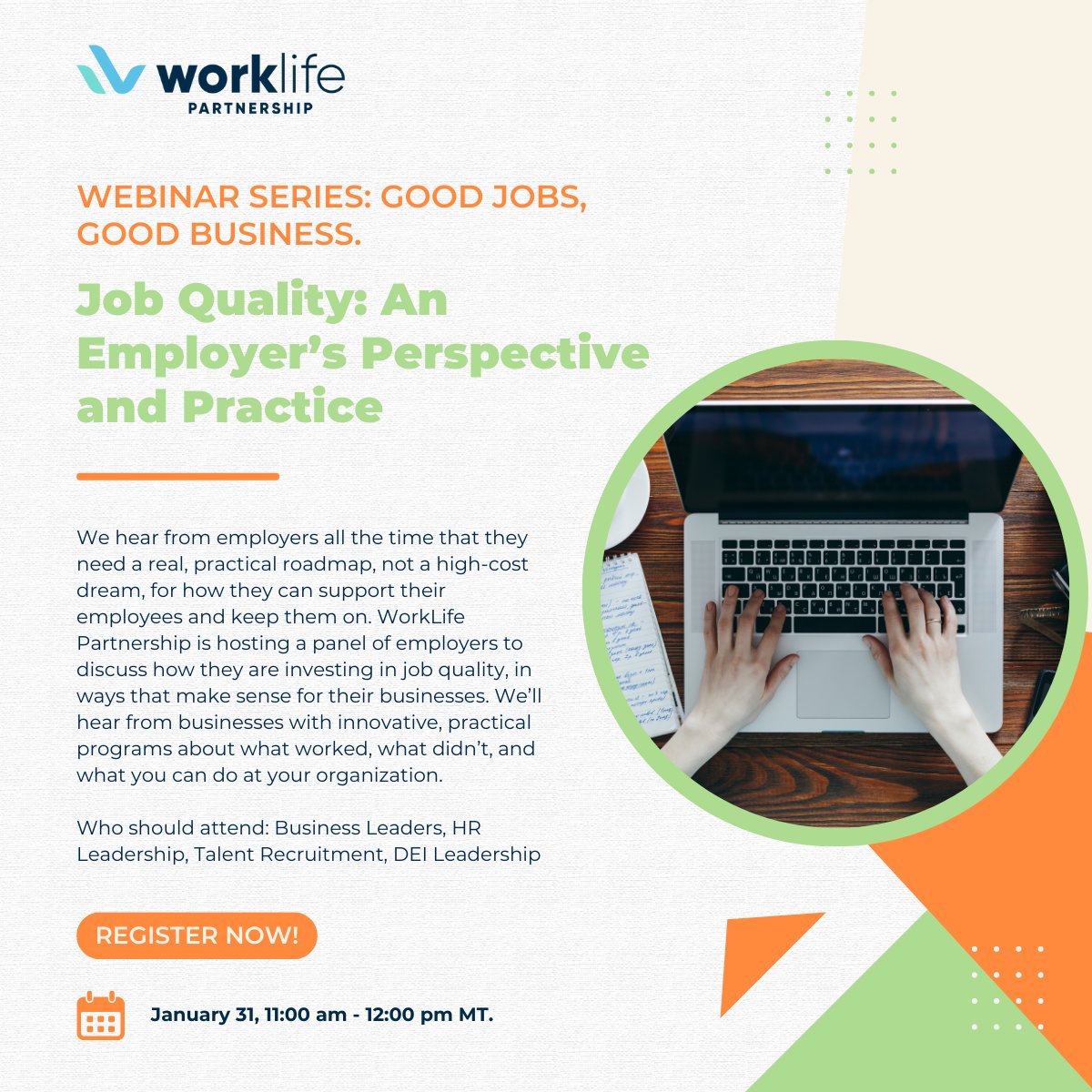 WorkLifePartner's tweet image. Join us for the second webinar in our 4-week series on January 31st from 11:00 am - 12:00 pm MT, Job Quality: An Employer’s Perspective and Practice, to learn from actual businesses about what’s worked for them. Register here: us06web.zoom.us/webinar/regist….
