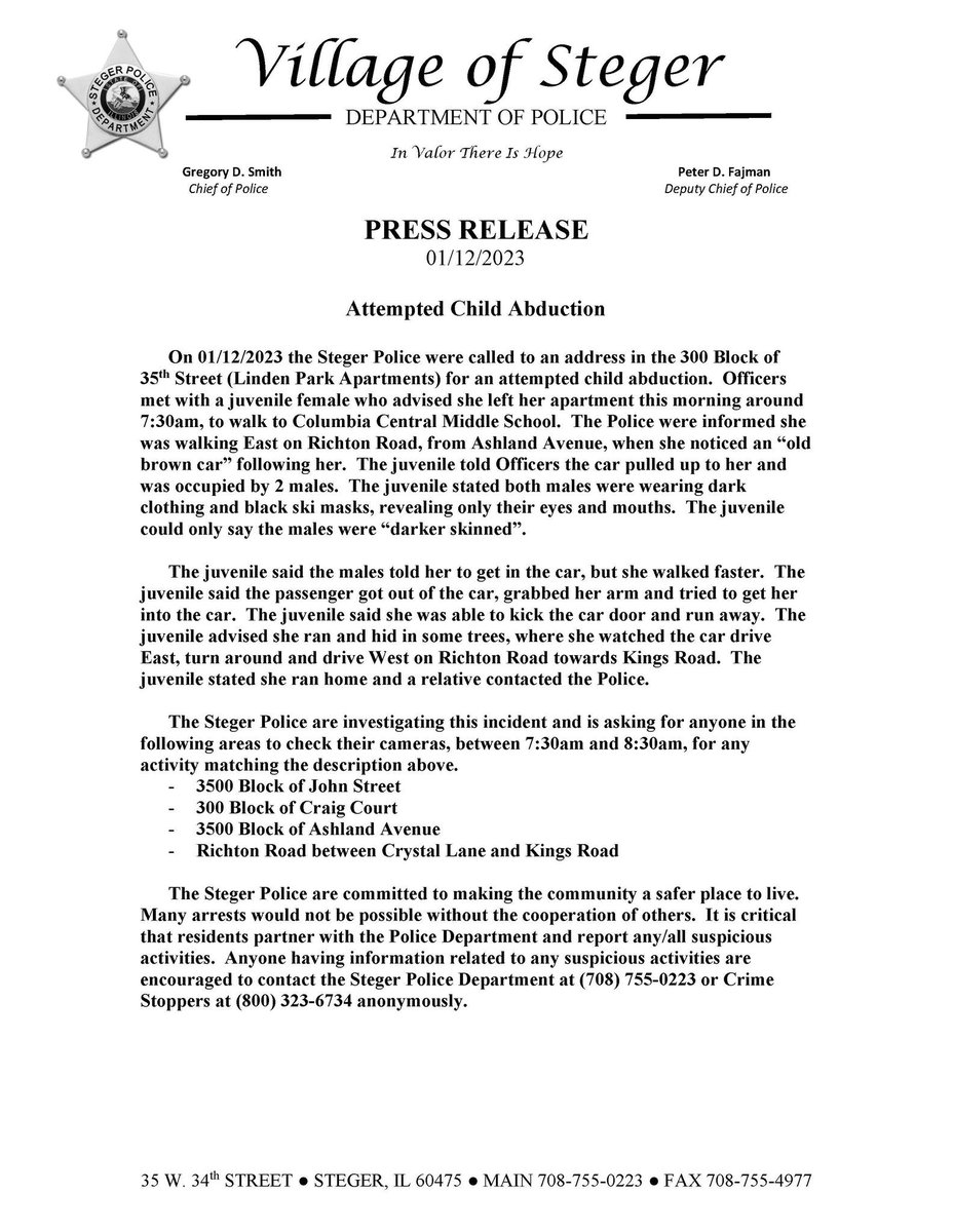 Please see this important message from the Steger Police Department.  Steger School District 194 is working collaboratively with the Steger Police Department.  Student safety is our top priority!