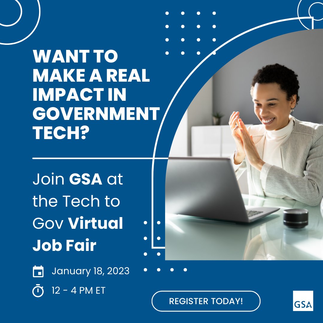 USGSA's tweet image. ➡️ ow.ly/H2R650MpizE
📱 Calling tech enthusiasts! Ready to make an impact in government? Join GSA at the #TechtoGov Virtual Job Fair Jan 18th. Meet with GSA reps &amp;amp; discover exciting career opportunities in IT, Cybersecurity, Design, Engineering, Product, and more! #GovTech