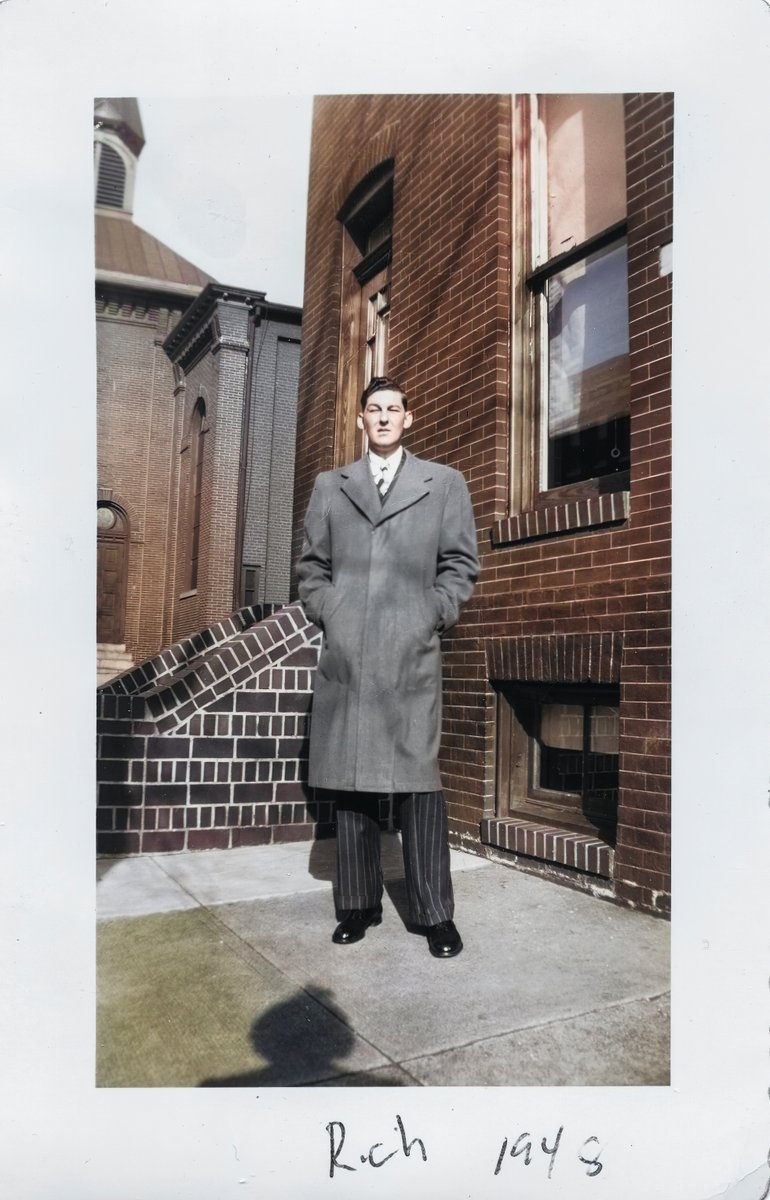 ghholt's tweet photo. Having a little fun colorizing some old family photos I am restoring. My father Richard V. Holt in Downtown Baltimore in 1945. #photorestoration #colorizing #photography #Baltimore #Circa1945 #Photoshop #FamilyPhotos #TLR #Parallax https://t.co/DSB6zVWsLi