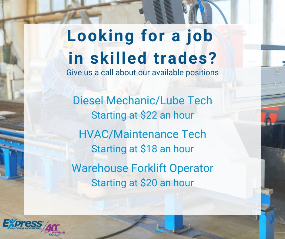 Do you or someone you know have the experience for these skilled trade jobs?
Give us a call at (615) 313-3690 or stop by for an on the spot interview with one of our employment specialists.

#ExpressEmploymentProfessionals #ExpressPros #NowHiring #JobOpenings #ApplyToday...
