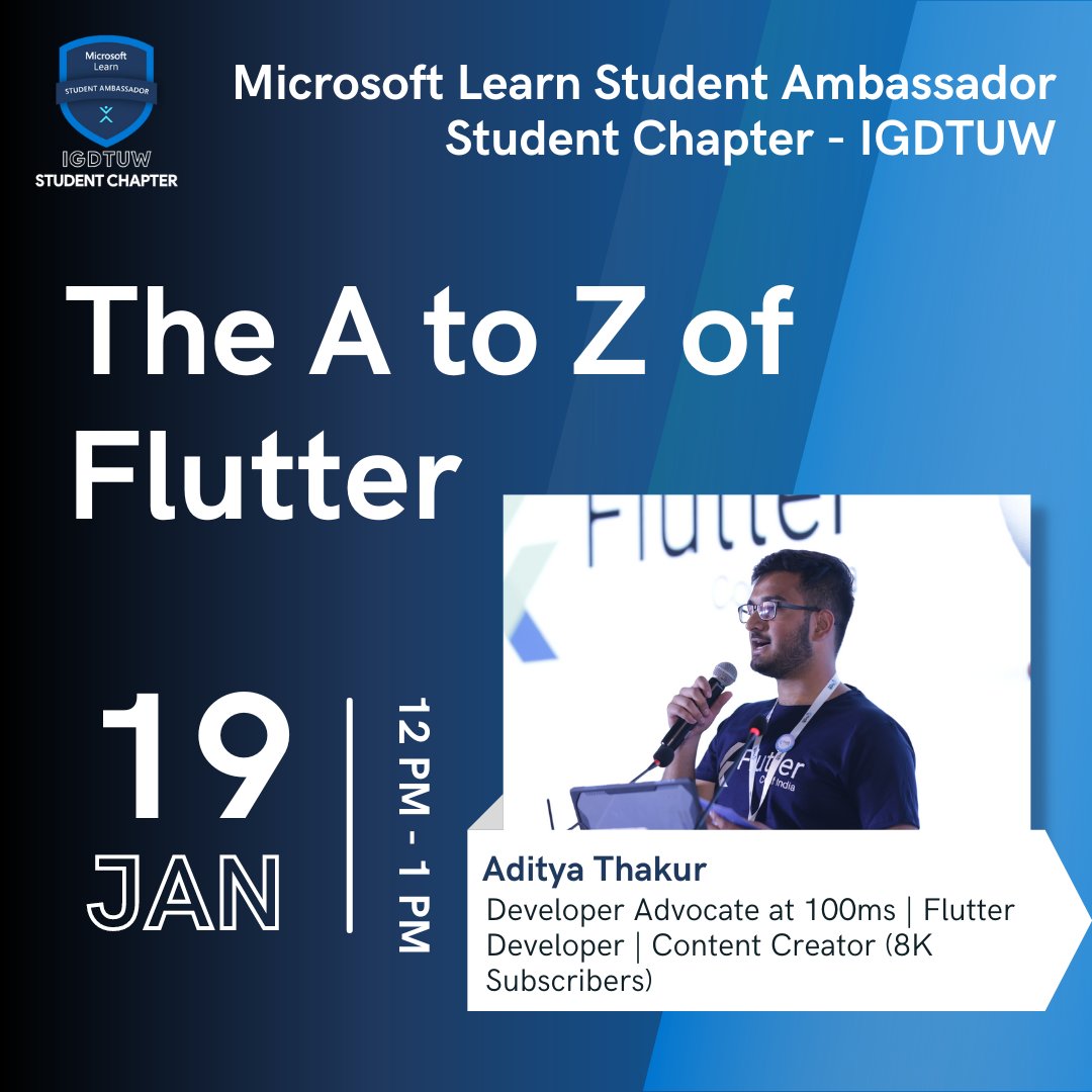 IgdtuwMsc's tweet photo. Do mobile applications ever fascinate you? Do you wish to create an application that changes how things work? Well, here comes the best part! MLSA Student Chapter IGDTUW brings you yet another intriguing session “The AtoZ of Flutter with @adityathakurxd

https://t.co/KyDYN13E26 https://t.co/OTiDRk7lrm