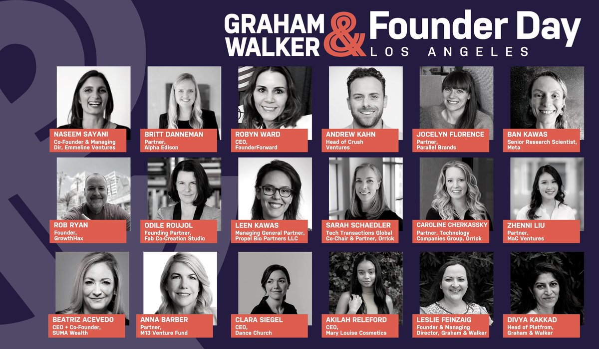 Founders! <a href="/grahamandwalker/">Graham & Walker</a> is coming to LA on 1/26 ✨
✅ Fundraising Masterclass with <a href="/LeslieFeinzaig/">Leslie Feinzaig</a> 
✅ Legal talk with <a href="/Orrick/">Orrick</a> 
✅ 1:1’s with top VCs in LA
✅ Founder-Investor panel feat.<a href="/M13Company/">M13</a> <a href="/MaCVentureCap/">MaC Venture Capital</a>
✅ HH &amp;network with community! 🥂

➡️bit.ly/LAfounderday