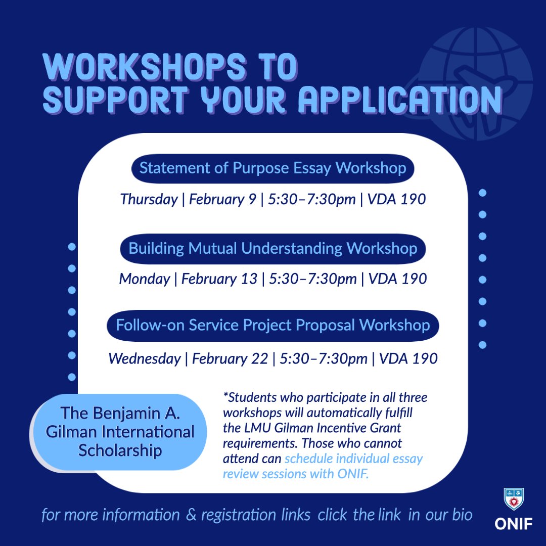 lmu_onif's tweet photo. Lions interested in #study #abroad - join us &amp; @LMUStudyAbroad for an in-depth session on the @GilmanProgram &amp; the LMU Gilman Incentive Grant! Click here🔗https://t.co/p3y1vs6uRo
...
Also, save the dates for our upcoming workshops to help you submit a competitive application! https://t.co/rwLVW8Vq44