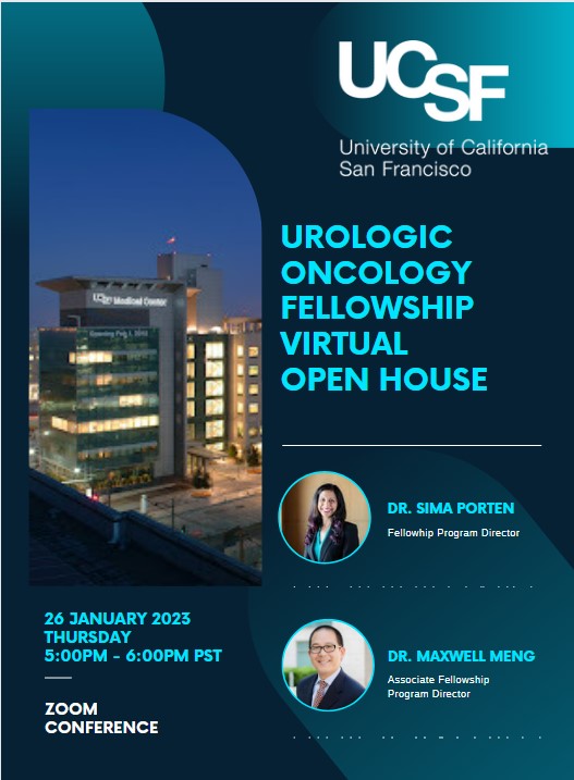 UCSFUrology (@ucsfurology) on Twitter photo Save-the-Date!
UroOnc Fellowship Virtual Open House
🗓️Thursday, 1/26/2023
⏰5:00PM-6:00PM PST
✍️Register here: tiny.ucsf.edu/KKKV1S
<a href="/Uro_Max/">Maxwell Meng</a> <a href="/SimaPorten/">Sima Porten</a> Save-the-Date!
UroOnc Fellowship Virtual Open House
🗓️Thursday, 1/26/2023
⏰5:00PM-6:00PM PST
✍️Register here: tiny.ucsf.edu/KKKV1S
<a href="/Uro_Max/">Maxwell Meng</a> <a href="/SimaPorten/">Sima Porten</a>