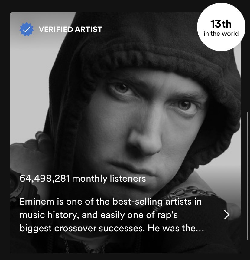shadyfenty_'s tweet photo. .@Eminem (64.4M) has surpassed @MariahCarey (63.9M) making him the Pre-2000 solo artist with the most Monthly listeners on Spotify 🐐 https://t.co/RHXJZDB45x