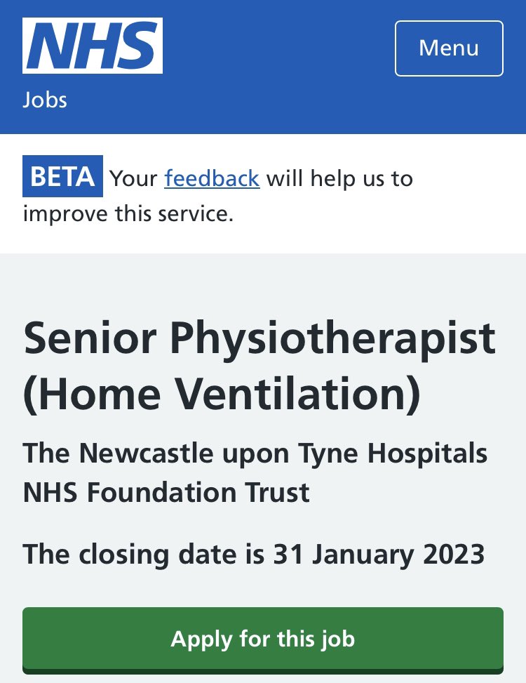 Great opportunity to join a growing, innovative and award-winning team delivering ventilation, cough augmentation and secretion management all over the NE&amp;Cumbria
Beautiful place to live: coast, cycling, great city, Northumberland countryside etc
Please share round your networks