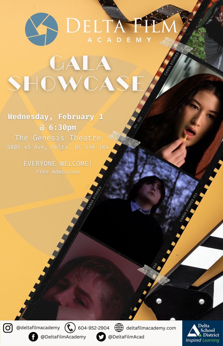 Ever wonder what students get up to at Delta Film Academy? Come to our gala showcase to find out! Wednesday February 1st, doors open at 6pm at The Genesis Theatre. 5005 45 Ave, Delta BC. Free admission! #videoproduction #filmproduction #filmschool @deltafilmacademy <a href="/deltasd37/">DeltaSchoolDistrict</a>