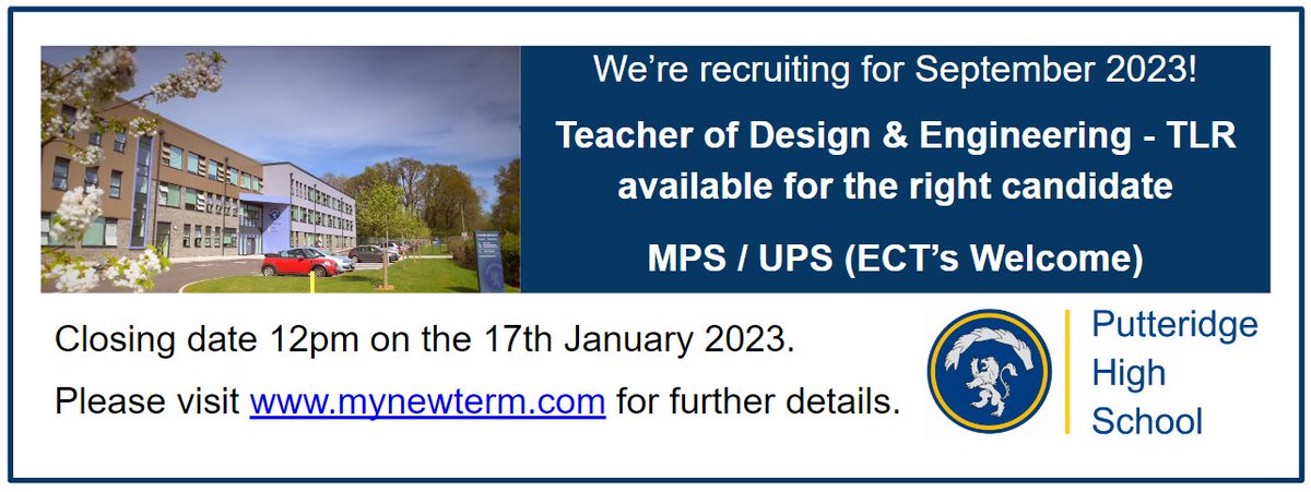 We have two brand new specialist Design &amp; Engineering classrooms, kitted out. If you’re looking to take that next step into middle leadership or a Design Technology/Engineering teacher looking for a fresh setting, apply NOW! mynewterm.com/jobs/144311/ED…