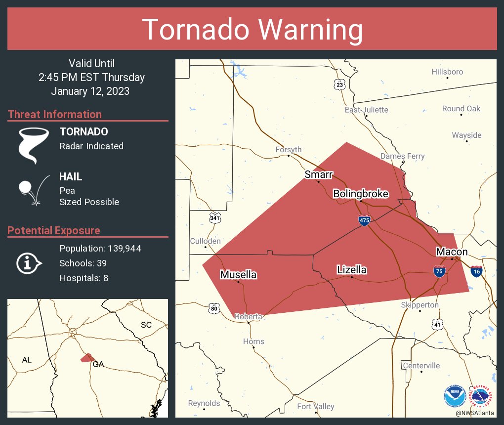 NWS Atlanta on Twitter "Tornado Warning including Macon GA, Payne GA