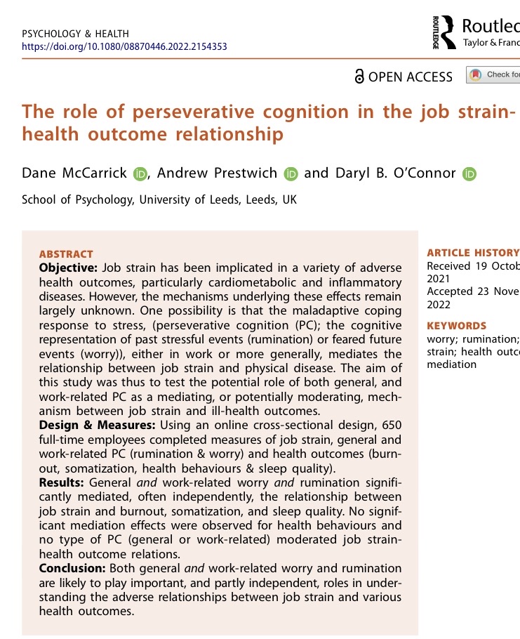 healthpsycleeds's tweet photo. New paper now online led by @Dane_995 “The role of perseverative cognition (worry/rumination) in the job strain-health outcome relationship” 
https://t.co/jFczVL9tBD #stress #work #health https://t.co/EAF6TdXJR2