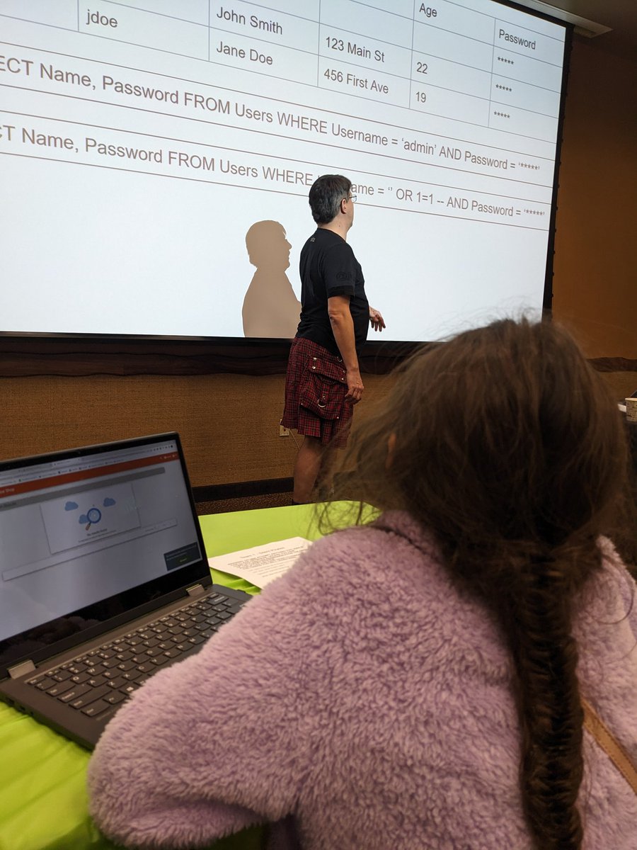 NickMOrlando's tweet photo. It's never too early to learn about SQL Injection. #codemash #kidzmash @jkuemerle https://t.co/NwtsP6lTvo