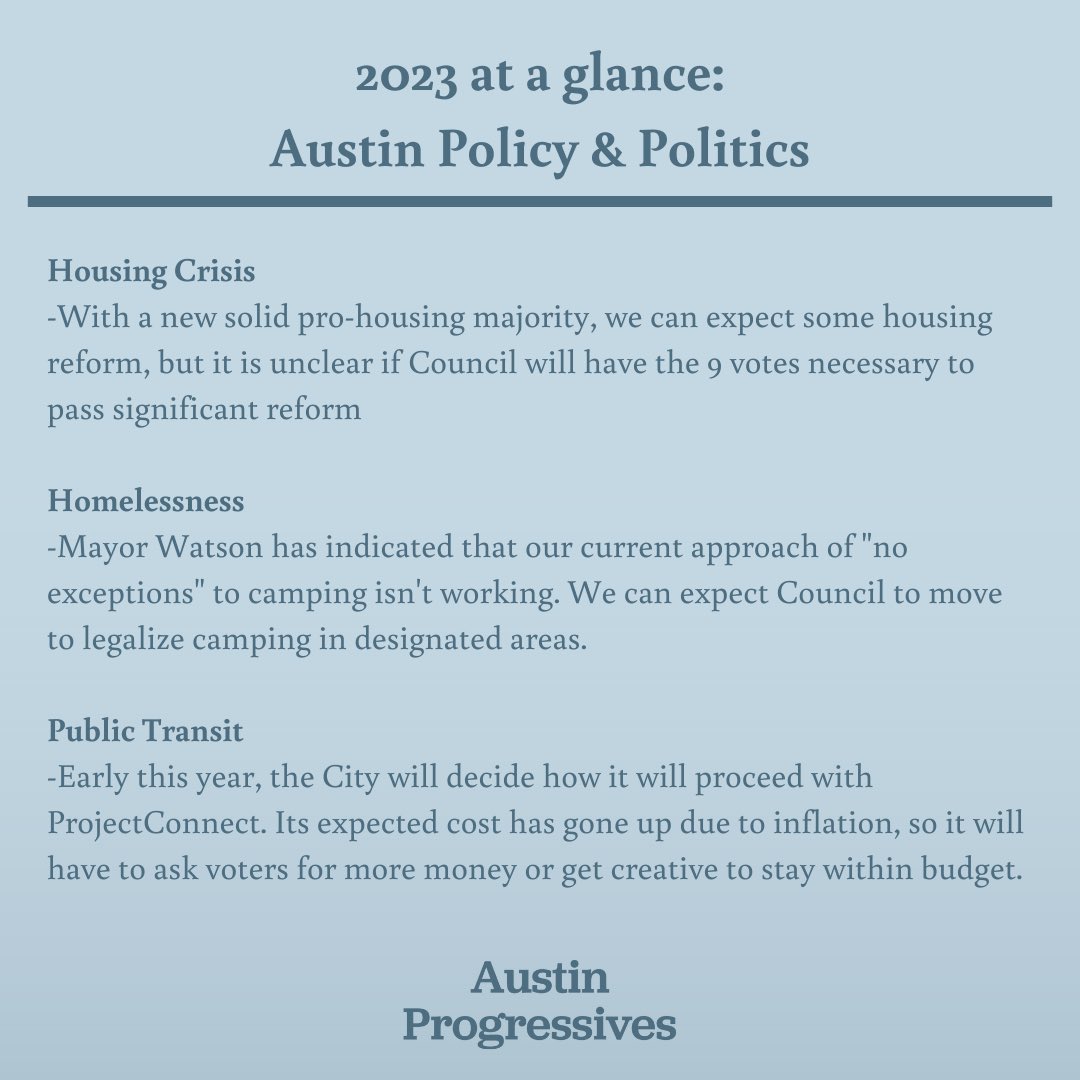 ATXProgressive's tweet photo. With new Council Members and Mayor sworn in, here’s a few policy areas to watch out for in 2023! https://t.co/KMsj4hy1MW
