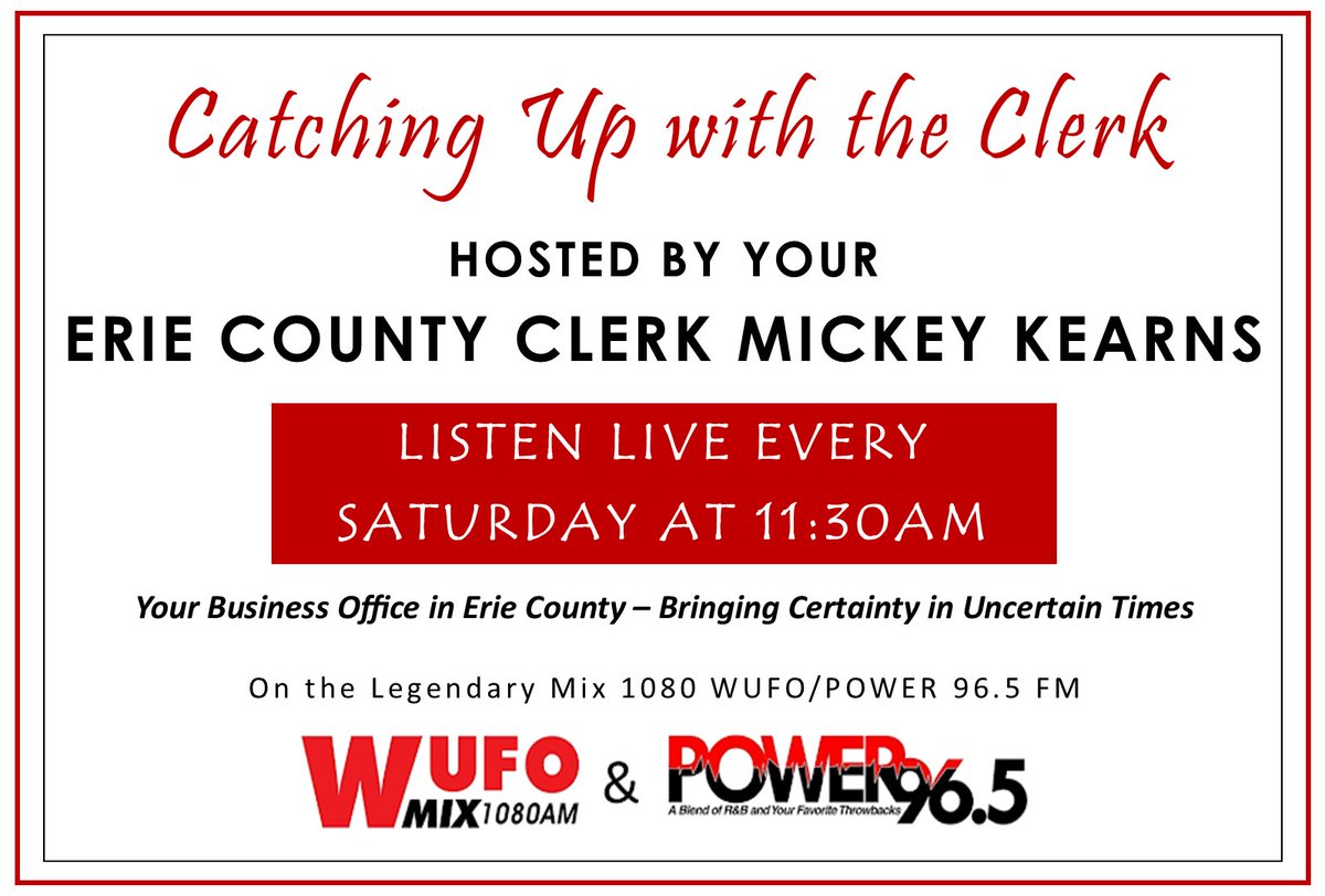 ErieCountyClerk's tweet photo. ICYMI: #CatchingUpWithTheClerk discussed our #RateYourRideWNY public survey that will provide feedback to the NFTA regarding rider’s experiences with #publictransportation. 

Please take a listen and we encourage everyone to take the online survey at https://t.co/31yD3ehiAv 1/2 https://t.co/nc2yhKPdsj