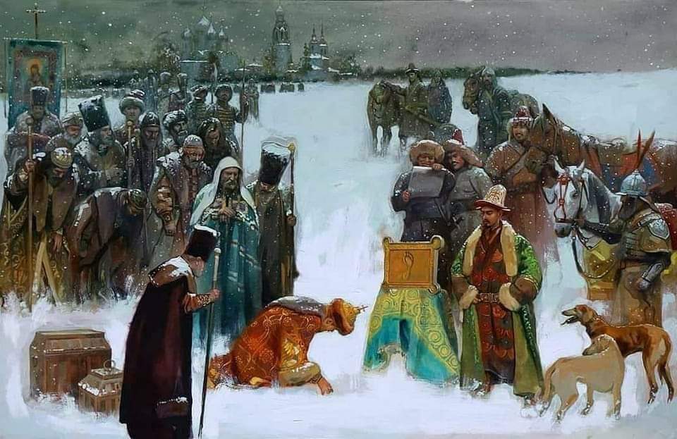 RUS KNEZİNİN ALTIN ORDA HANIN AYAĞINI ÖPTÜĞÜ AN 1425'te Moskova'nın büyük prensi olarak atanan II. Vasily'nin Altın Orda Hanın ayağının izi olan kil tableti elçisinin önünde öperek yemin ediyor. Resim 1912'de Rus ressam V. Orlov-Petrov tarafından yapılan bir eskizden.