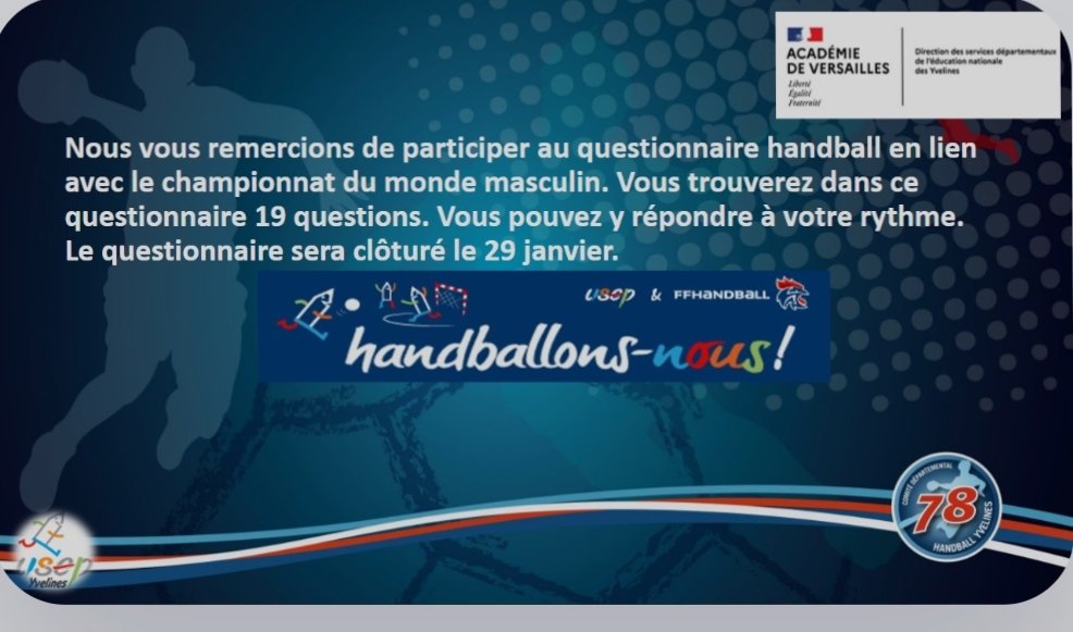 JulianPourchet's tweet image. Le championnat du monde de handball 🤾 masculin se déroule du 11 au 29 janvier.
Nous vous proposons de participer avec vos élèves de cycle 2 et 3 à cet évènement mondial en répondant à un quizz.
➡️ app.wooclap.com/jrnfio
@PatardDominique 
@Usep78 @ffhandball @lair_sandrine