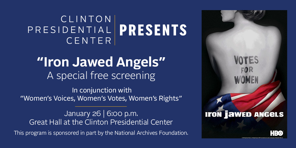 ClintonSchool's tweet photo. Clinton Presidential Center Presents: "Iron Jawed Angels," a free screening on Thursday, January 26.

The historical drama focuses on the work of Alice Paul and the National Woman’s Party (NWP) in the early 20th century to secure the right to vote.

RSVP: https://t.co/WNMTOKVadM https://t.co/PyEKvQFxIu