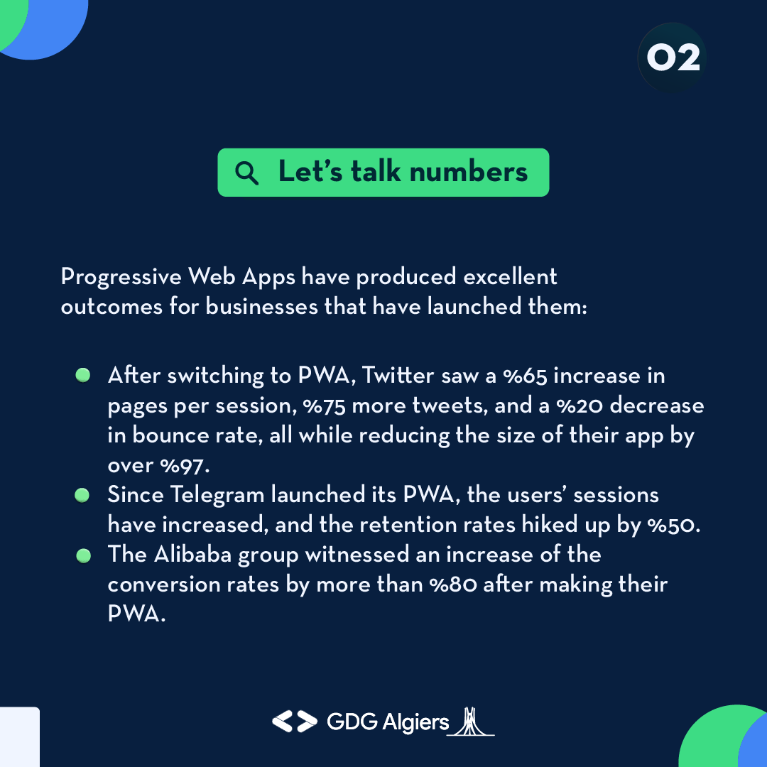 GDG_Algiers's tweet photo. Web it up is stopping today by another station👀 in this tweet of the web performance section, you'll learn about the Progressive Web applications, their uses, how to build them, and more!
Keep looking forward to upcoming content🔥
#GDG #GDGAlgiers #webdev #webitup #PWA https://t.co/2vmSQt0QAv