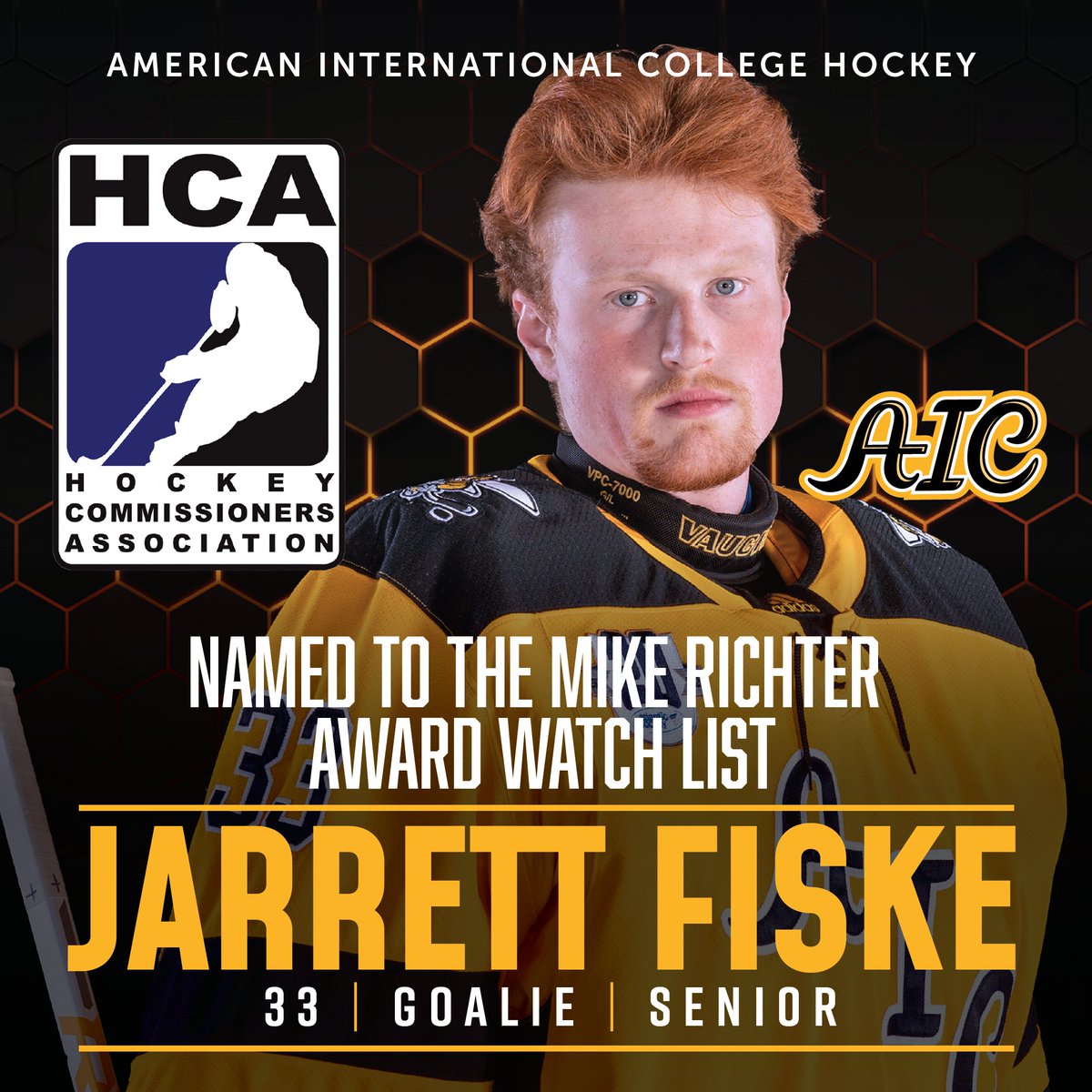 AIC_Hockey's tweet photo. The Jarrett Fiske story just keeps getting better.

Our senior goalkeeper is on the HCA's Richter Award Watch List!

RELEASE: https://t.co/0SbCKLXP6G

#AICommitted https://t.co/XwQFrEkWPD