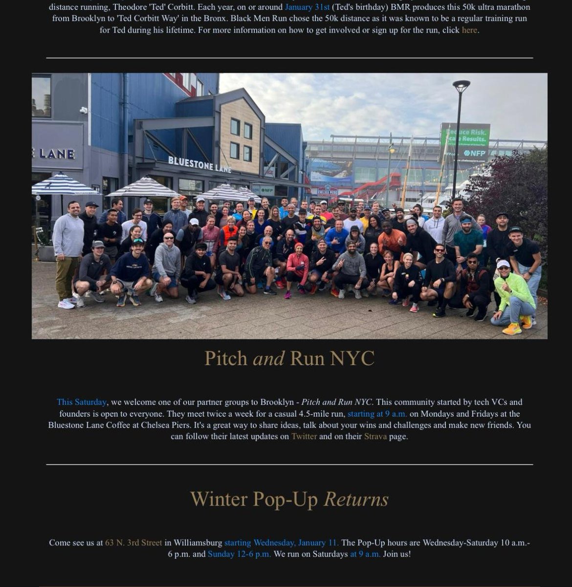 Look, Mo, we made the <a href="/tracksmith/">Tracksmith</a> NL aka <a href="/MorningBrew/">Morning Brew ☕️</a> 4 the🏃Class!

9 am tom, Fri, 1/13 <a href="/ChelseaPiersNYC/">Chelsea Piers</a> <a href="/BluestoneLane/">Bluestone Lane</a> 4.5 easy

9 am Sat, 1/14 W'burg <a href="/tracksmith/">Tracksmith</a> Long Run (6 or 10, pacers, bag drop ☕️🍌) + BRUNCH by <a href="/niki_agrawal4/">Niki Agrawal</a> bit.ly/3W7deeg

Screen📷by <a href="/schleppy/">Karen</a>