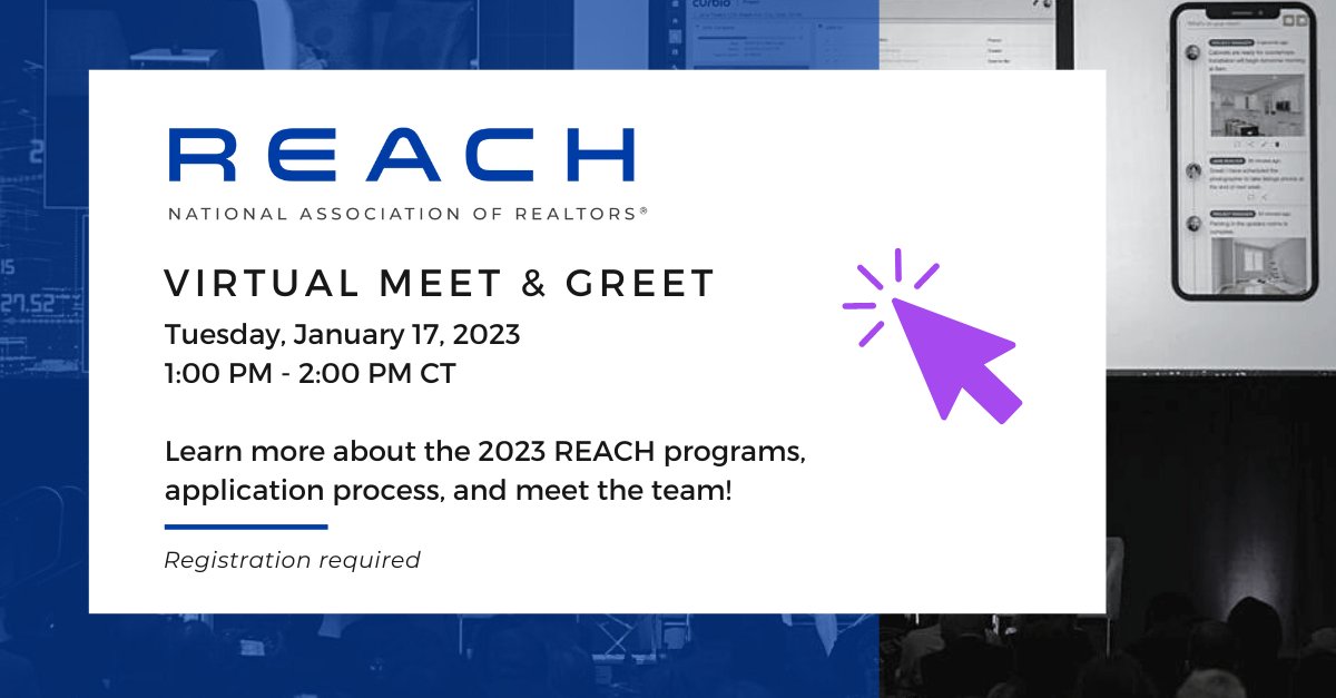 Only 20 days left to apply for the 2023 REACH program! Interested in learning more about the program and application process? Join us Tuesday, Jan 17 at 1:00 PM CT for a virtual meet &amp; greet! Register to attend >> 

realtors.zoom.us/meeting/regist…