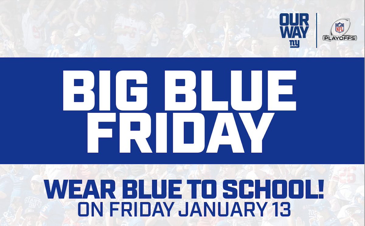 The NY Giants are going to the Playoff this Sunday, and are encouraging fans to wear blue on Friday, January 13th! Show your support by wearing blue to school tomorrow! We will be taking a picture of our students in blue, for a chance to win a virtual visit! #School10Rocks