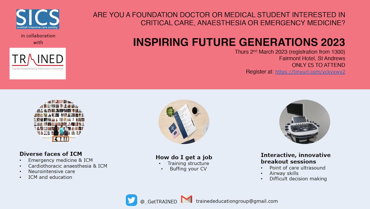 🚨Attention medical students and FY doctors🚨

We are delighted to introduce our national event "INSPIRING FUTURE GENERATIONS 2023", in collaboration with <a href="/sicsmembers/">SICS</a> 

St Andrews, 2nd March 2023

Details in poster below

ONLY £5!

#getTRAINED