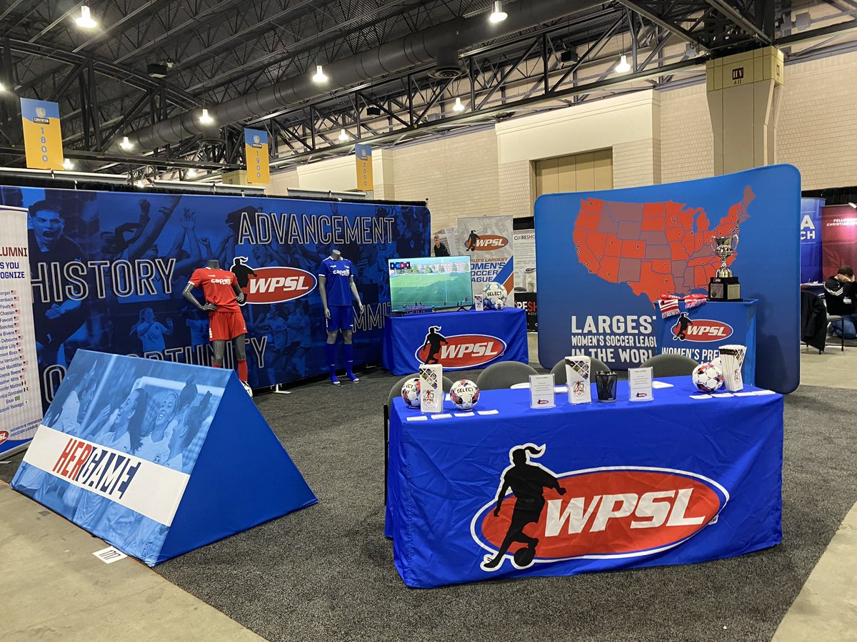 WPSL's tweet photo. All set up and ready to go at the @UnitedCoaches Conference in Philly! 

Stop by and see us, and post a 📸 with the Jerry Zanelli 🏆 (and tag us) for a chance to win a #WPSL prize pack! 

#PHL23 #HerGame https://t.co/ZIxGDCDtfE