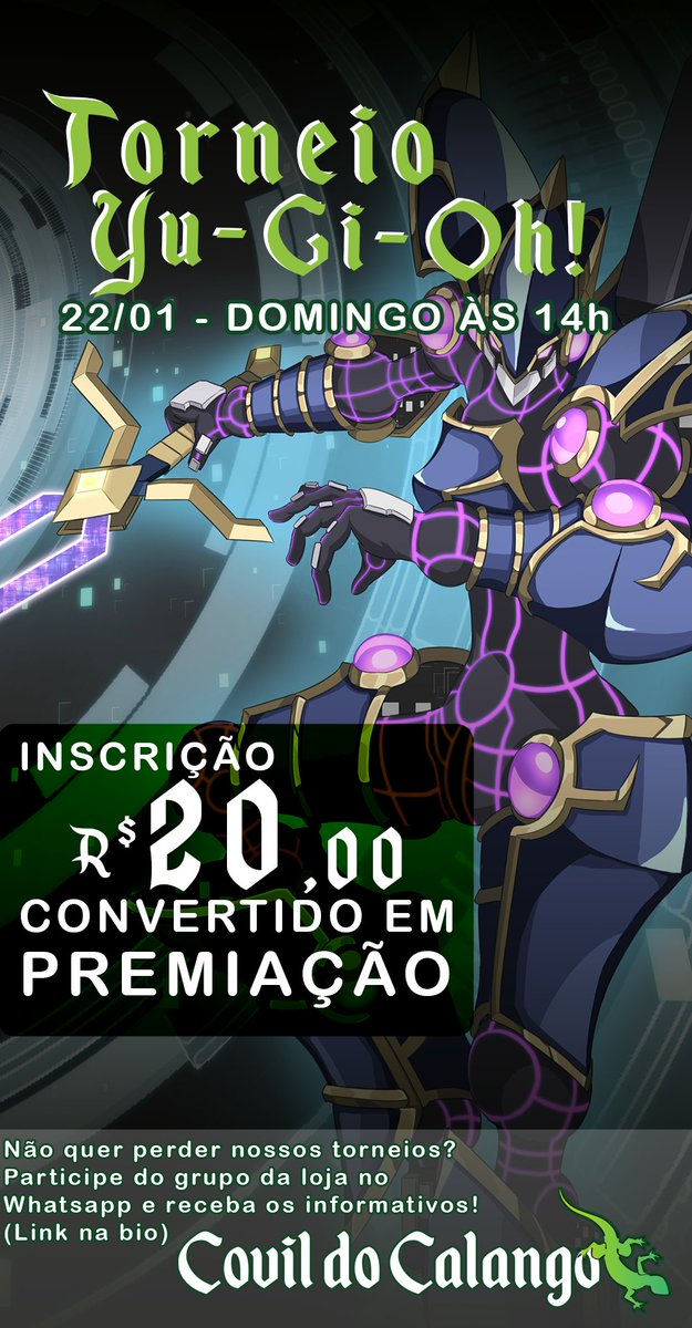 Hoje no Covil tem Mega Torneio de Yu-Gi-Oh (14h) - Inscrição: R$ 20,00 convertida em premiação.