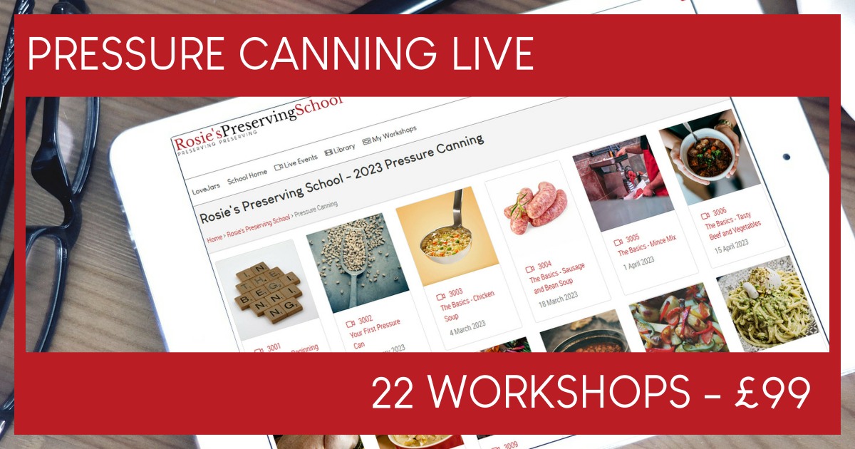 LIVE Pressure Canning Workshops for 2023

Sign up now for the special discounted all inclusive price of £99.00 for all 22 Workshops.

Visit >>> lovejars.co.uk/school/pclive

#pressurecanning