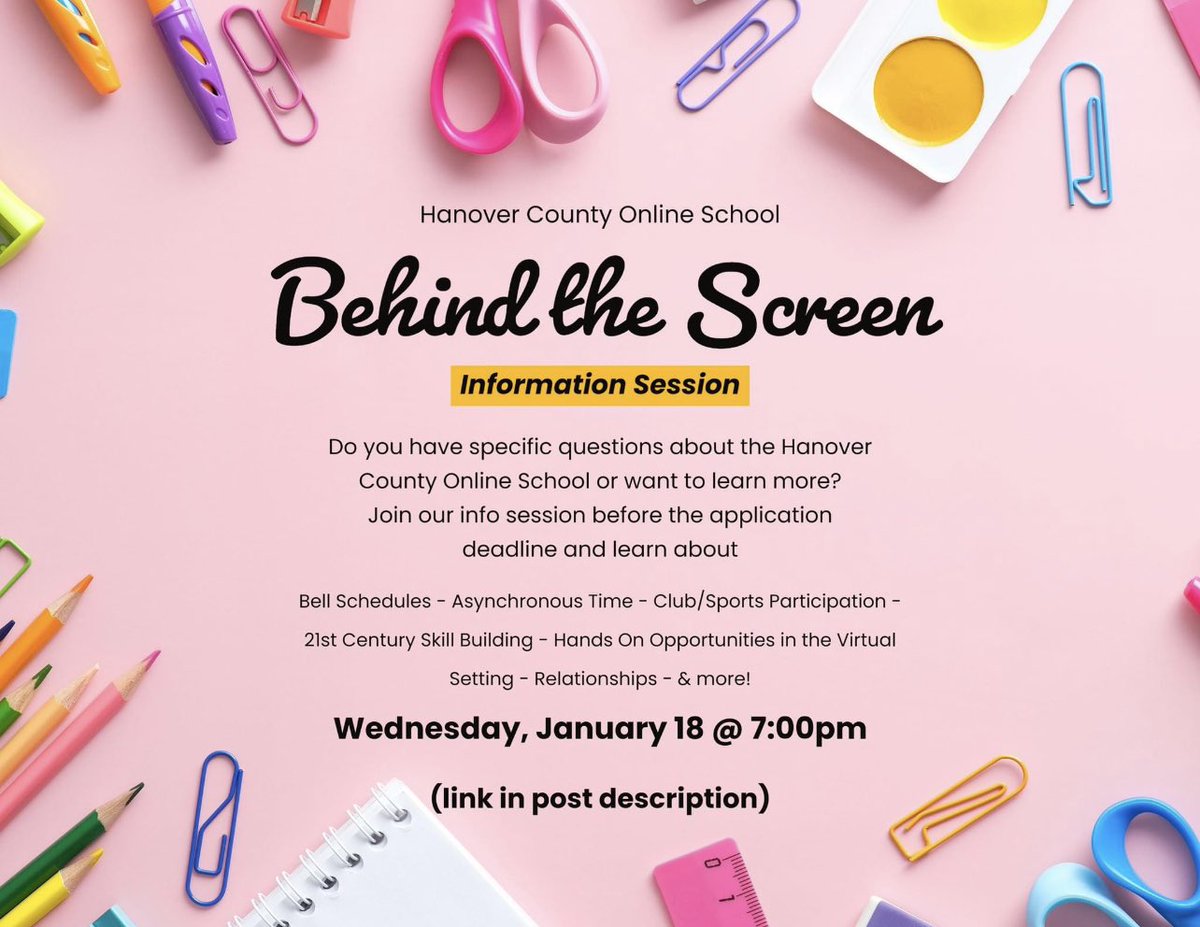 Want to learn more about HCOS before the February 1st application deadline? Join us for a question and answer session on Wednesday, January 18th @ 7:00pm! 
Join Zoom Meeting
hos-hcps-us.zoom.us/j/86889926351