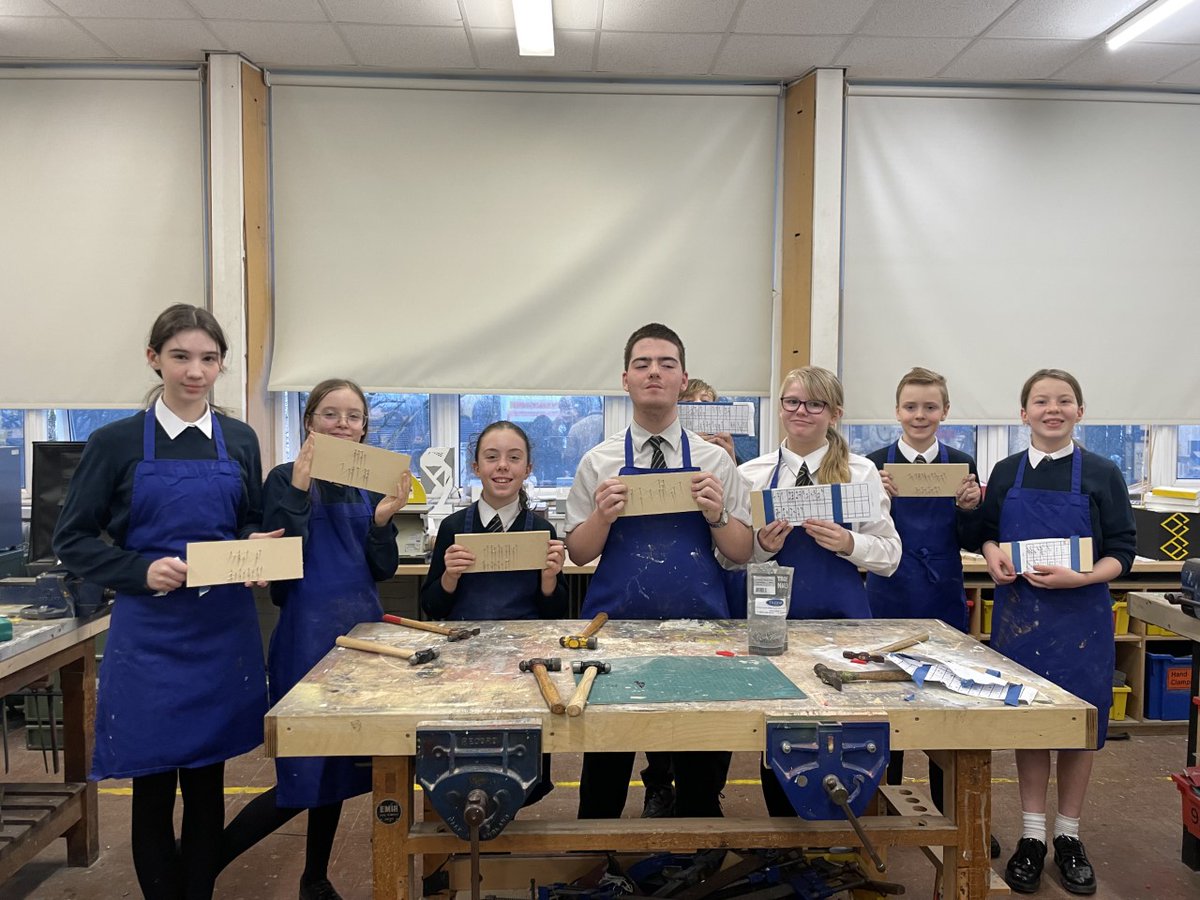 BCOldham's tweet image. Thanks to Mr Briggs for welcoming our Braille Club to the RM department yesterday where students made plaques for their bedroom doors by hammering nails into wood to spell out words/messages in Braille. We had some name plaques and some funny messages like &apos;Get out!&apos; #greatfun