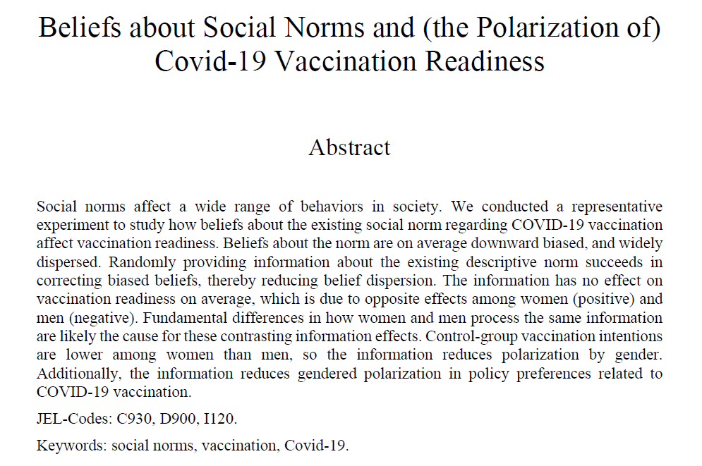 Philipp Lergetporer (@lergetporer) on Twitter photo 🚨 New Working Paper Alert!
„Beliefs about Social Norms and (the Polarization of) COVID-19 Vaccination Readiness” w\ <a href="/AngererSilvia/">Silvia Angerer</a>, Daniela Glätzle-Rützler (<a href="/econstatUIBK/">EconStat at Uni Innsbruck</a>) <a href="/T_Rittmannsb/">Thomas Rittmannsberger</a>
Out <a href="/cesifo/">Gul Baysal</a>: tinyurl.com/3upmedex
A 🧵 1/4 🚨 New Working Paper Alert!
„Beliefs about Social Norms and (the Polarization of) COVID-19 Vaccination Readiness” w\ <a href="/AngererSilvia/">Silvia Angerer</a>, Daniela Glätzle-Rützler (<a href="/econstatUIBK/">EconStat at Uni Innsbruck</a>) <a href="/T_Rittmannsb/">Thomas Rittmannsberger</a>
Out <a href="/cesifo/">Gul Baysal</a>: tinyurl.com/3upmedex
A 🧵 1/4