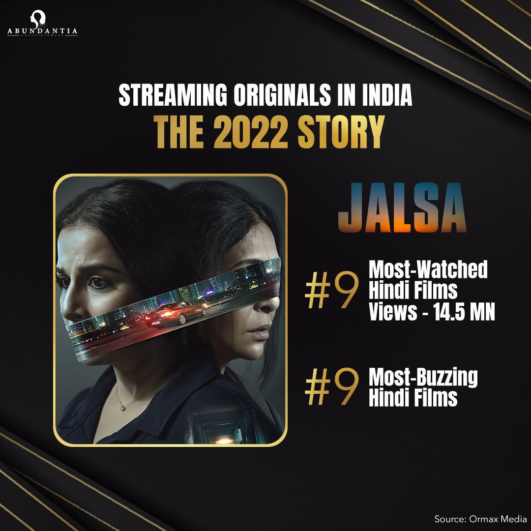 Cheers and celebrations are filling up 2023! 🥳🎉

#Jalsa and #BreatheIntoTheShadows steal our hearts and the limelight once again as they rank among the top 10 Most watched Films and Series of 2022 ✨🎊

#Ormax #Bollywood #AbundantiaEntertainment