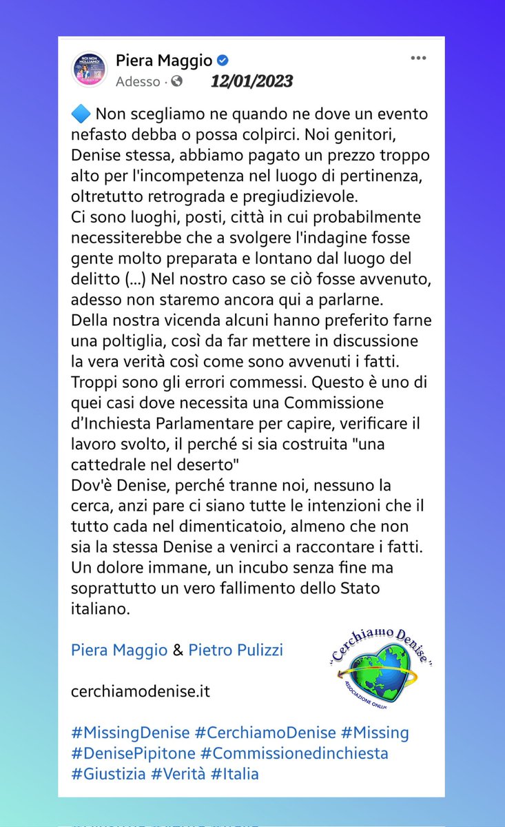 #MissingDenise #CerchiamoDenise 
#DenisePipitone #Commissionedinchiesta #Giustizia #Verità #Italia
m.facebook.com/story.php?stor…