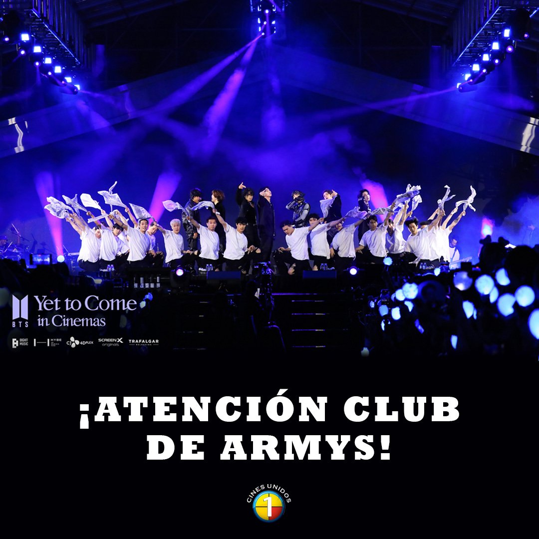 CinesUnidos's tweet photo. ¡💜ARMYS, ATENCIÓN💜! Necesitamos de su apoyo para crear una gran experiencia #BTS en nuestras salas 🤩🎤

Menciona en esta publicación al club de fan de tu ciudad 👀

#CinesUnidos #CU #BTS #BTSVenezuela #Armys #ArmysVenezuela #BTSYetToComeInCinemas https://t.co/tazeO8OvjY