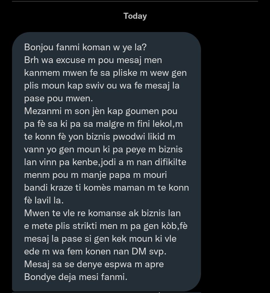 KaliGHTfa's tweet photo. Mwen fe mesaj la pase si w gen volonte pou w ede l map baw referans li.

Retweet pou plis moun wel svp🙏 https://t.co/WGLjpQQqsM