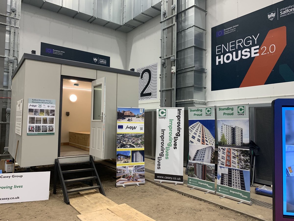 CaseyCompanies's tweet photo. Today we were at the launch of @energy_house2 to showcase the “Peoples Pod”. We have worked with our partners @AEWarchitects &amp; @Emmaus_Salford to convert redundant site cabins into temporary accommodation for the homeless. 

#improvinglives #energyhouse #collaboration #teamwork https://t.co/DU1E95DoMp