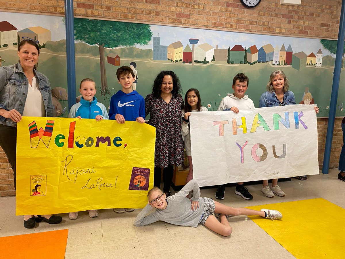 Some of our BE THE Library CREW and our lovely ladies of the library greeting our visiting author to WE this AM.  We are thrilled to have the award-winning @rajanilarocca on campus today. A big thanks to the WE PTO. #BETHEWE #WatchUSgrow