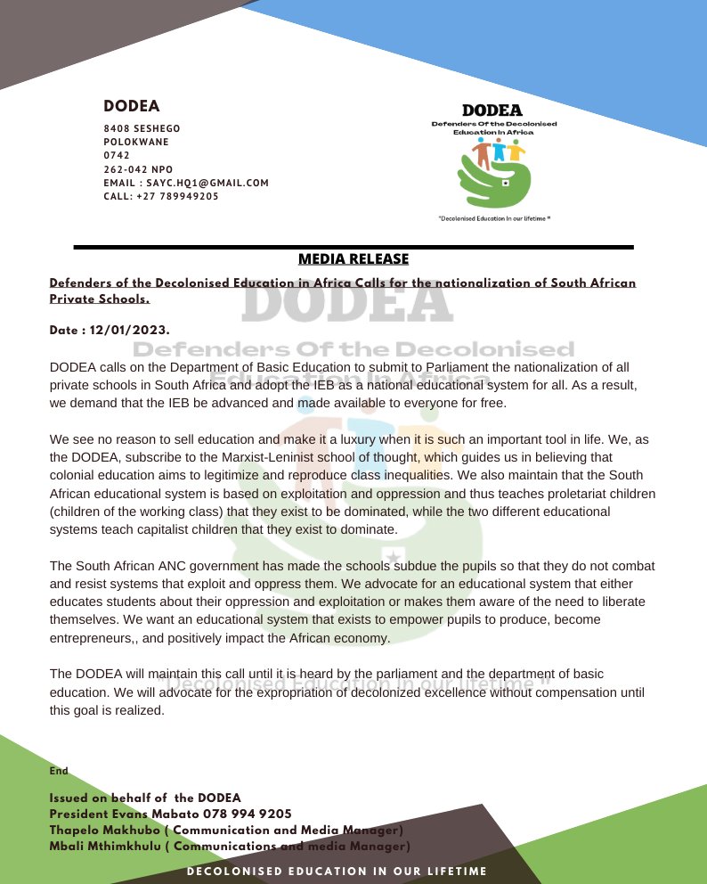 SouthCommand's tweet photo. The Defenders of the Decolonized Education In Africa calls for the nationalization of all private Schools in South Africa https://t.co/oi7kZSoimQ