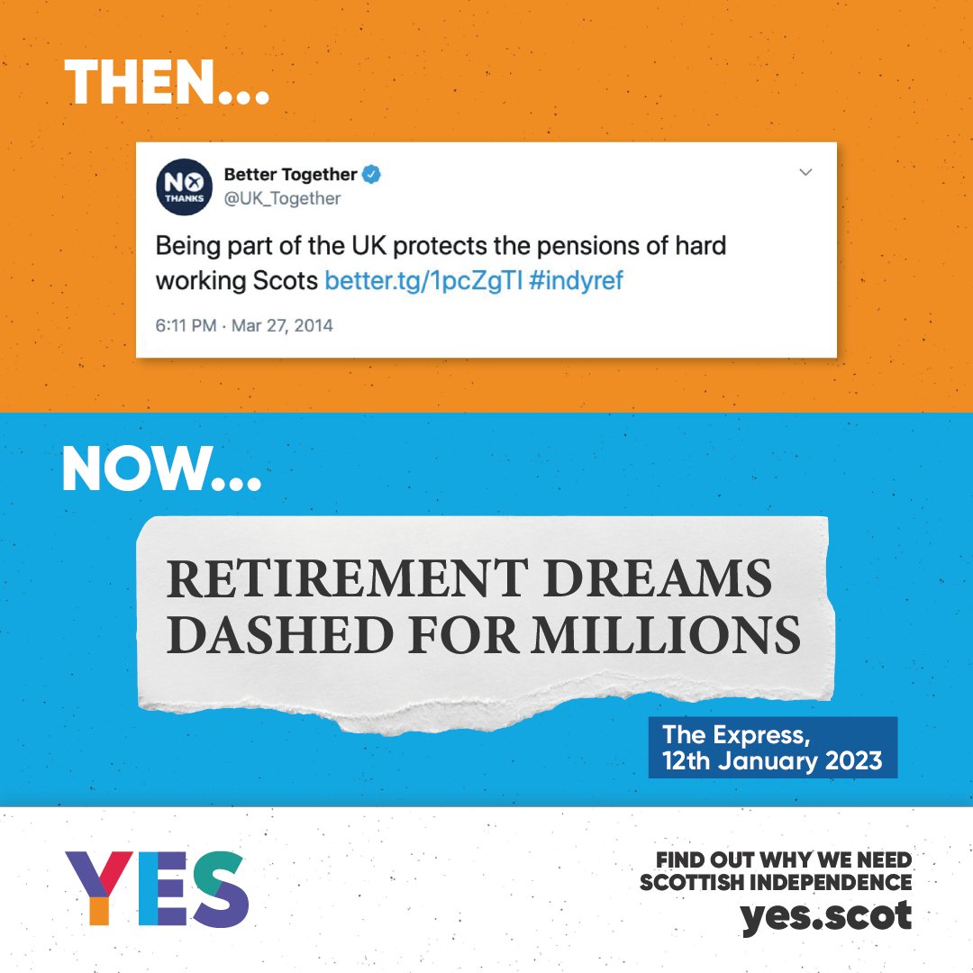 YesScot's tweet photo. ๐ In 2014, the โNoโ campaign promised being in the UK โprotects the pensions of hard-working Scotsโ.
๐จ Now, the UK government crashed the economy, broke its promise to protect pensions, and is pushing people into poverty.
๐๐ผ This is the price of Westminster control. https://t.co/z9zgHezfYb