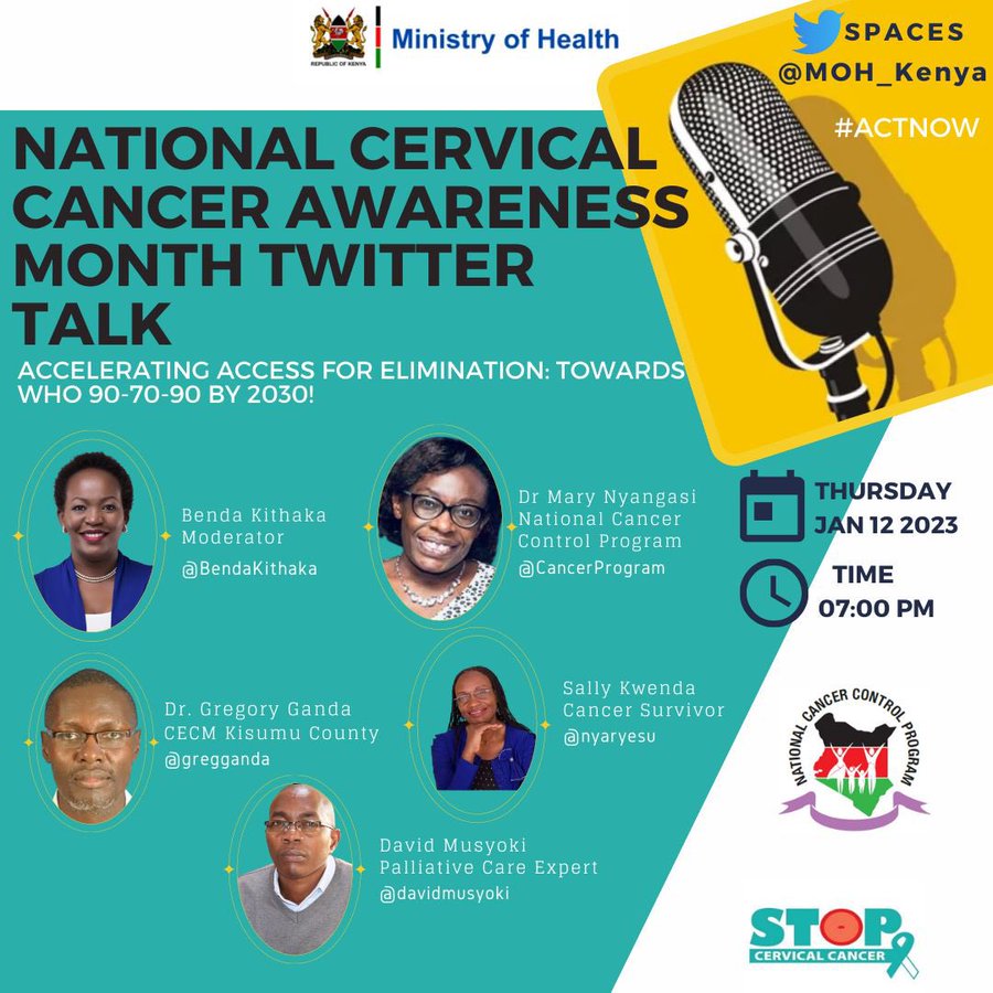 In the next few minutes lets join this #twittertalk  
Get Informed 
Get Screened
Get Vaccinated
#ActNow #CervicalCancerAwarenessMonth 
@BendaKithaka @NCIKenya @CancerProgram @kenconetwork @CANCERKESHO @MOH_Kenya @WHO