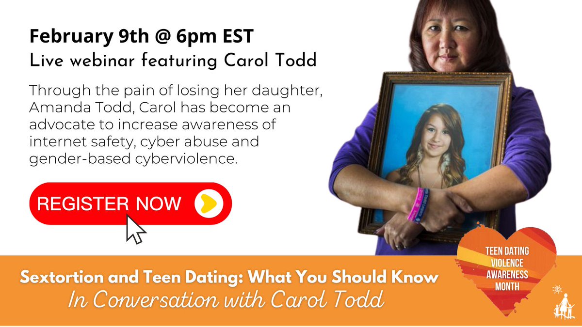 For Teen Dating Violence Awareness Month, our conversation with Carol centers around Amanda Todd's story, with a strong focus on prevention and education regarding unhealthy relationships (on and offline). <a href="/c_todd/">Carol Todd</a> <a href="/AToddLegacy/">Amanda Todd Legacy</a> 

REGISTER NOW (ages 14+): ow.ly/tKe650Mp1ji