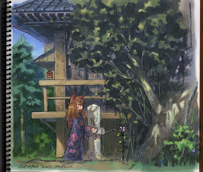 クロッキー帳にシャープペンで描いて、CGで着色してた頃の懐かし作品。#狐娘 