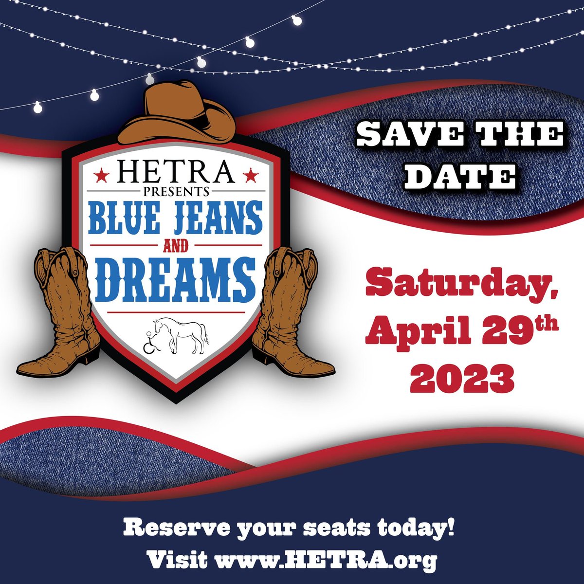 Save the Date for our 2023 signature #charityevent, Blue Jeans &amp; Dreams! We can't wait to see you there for a night full of fun to #support the amazing participants of HETRA.

Reserve your seats here: classy.org/event/2023-blu…