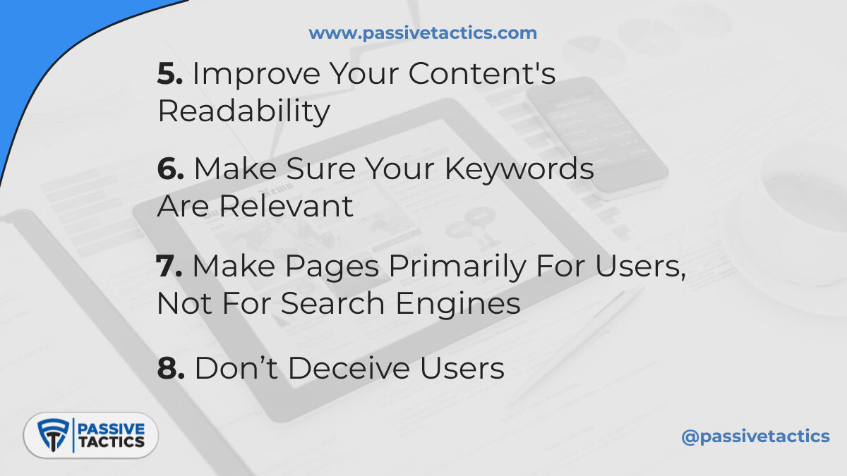 TacticsPassive's tweet image. How to Increase Page Value for Higher Rankings?
Search Engine Optimization (SEO) helps you make sure your website appears as the top result for relevant queries.

Take a look at Google’s Content Guidelines to improve your Page Value. Swipe To Learn!

#passivetactics #pagevalue