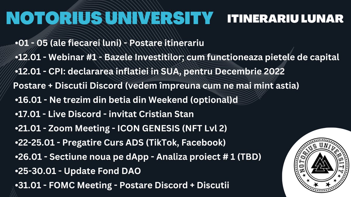 Programul din Notorius University, pentru Ianuarie 2023 (members only)